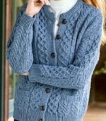Women’s Navy Blue Geometric Cable-Knit Cardigan – Cozy Button-Front Sweater with Black Buttons, Round-Neck Long Sleeves, Perfect for Fall & Winter Layering - Image 11