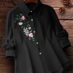 Women’s Elegant Embroidered Yellow Shirt – Long-Sleeve Button-Up Blouse with Floral & Leaf Design, Perfect for Casual Days, Formal Outfits, and All-Season Style