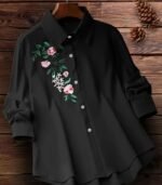 Women’s Elegant Embroidered Yellow Shirt – Long-Sleeve Button-Up Blouse with Floral & Leaf Design, Perfect for Casual Days, Formal Outfits, and All-Season Style