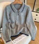 Women's Korean-Inspired Colorblock Sweater – Long Sleeve Pullover with Bow Accent and Lapel Detail, Soft & Cozy for Autumn and Winter Layering - Image 2