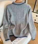 Women's Korean-Inspired Colorblock Sweater – Long Sleeve Pullover with Bow Accent and Lapel Detail, Soft & Cozy for Autumn and Winter Layering - Image 3