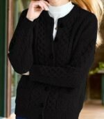 Women’s Navy Blue Geometric Cable-Knit Cardigan – Cozy Button-Front Sweater with Black Buttons, Round-Neck Long Sleeves, Perfect for Fall & Winter Layering - Image 6